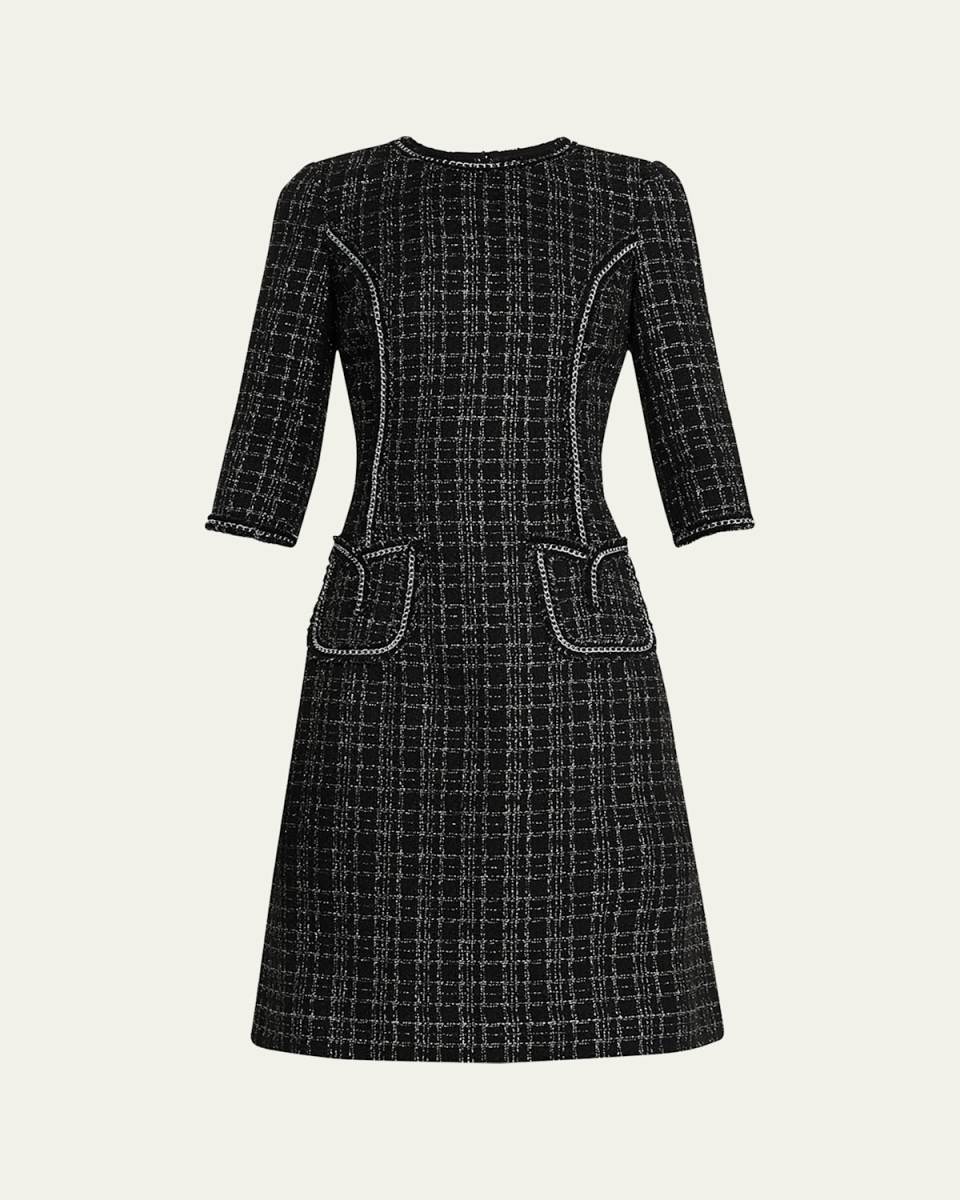 Chain-Trim Metallic Plaid Boucle Dress